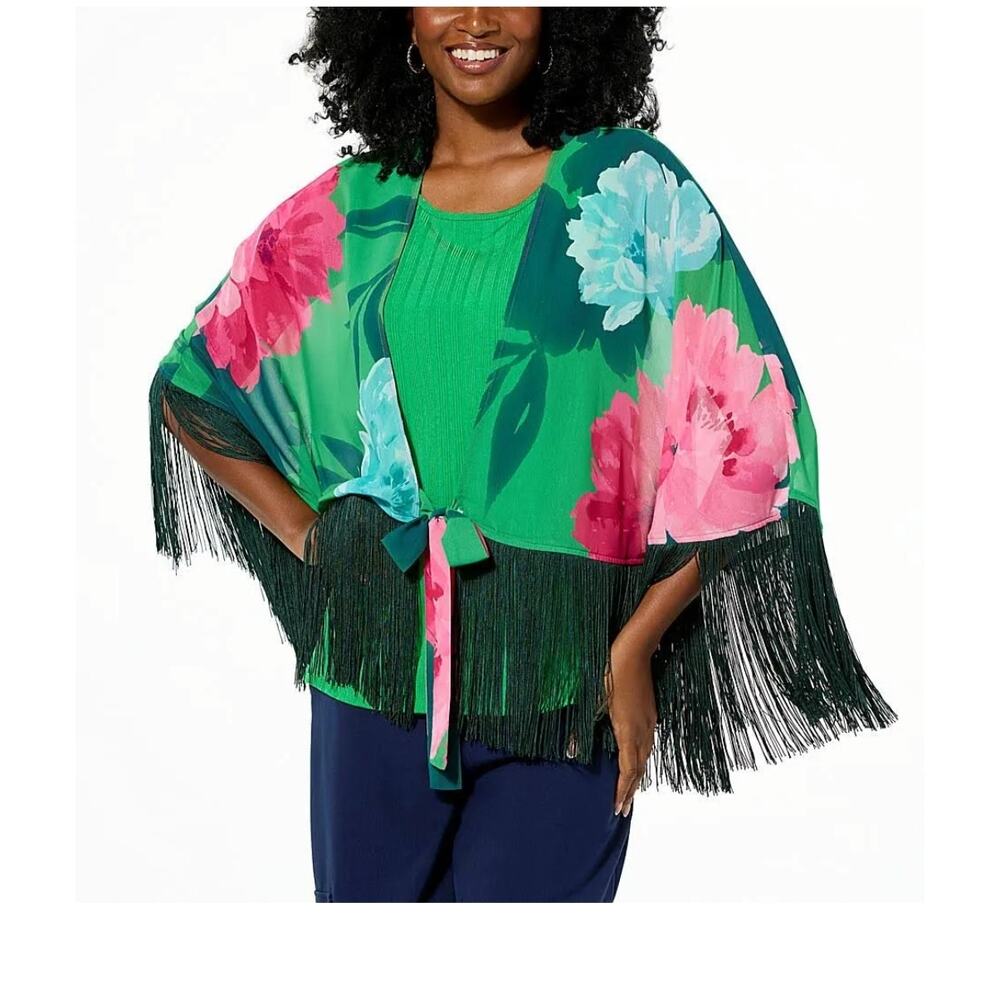 4306)Iman Global Chick Green Floral Printed Woven Topper with Fringe Trim Large